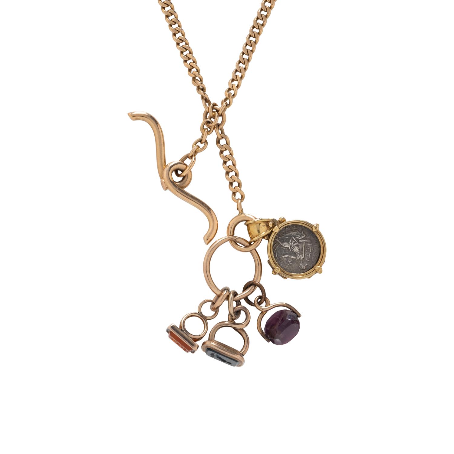 YELLOW GOLD POCKET WATCH CHAIN AND CHARMS