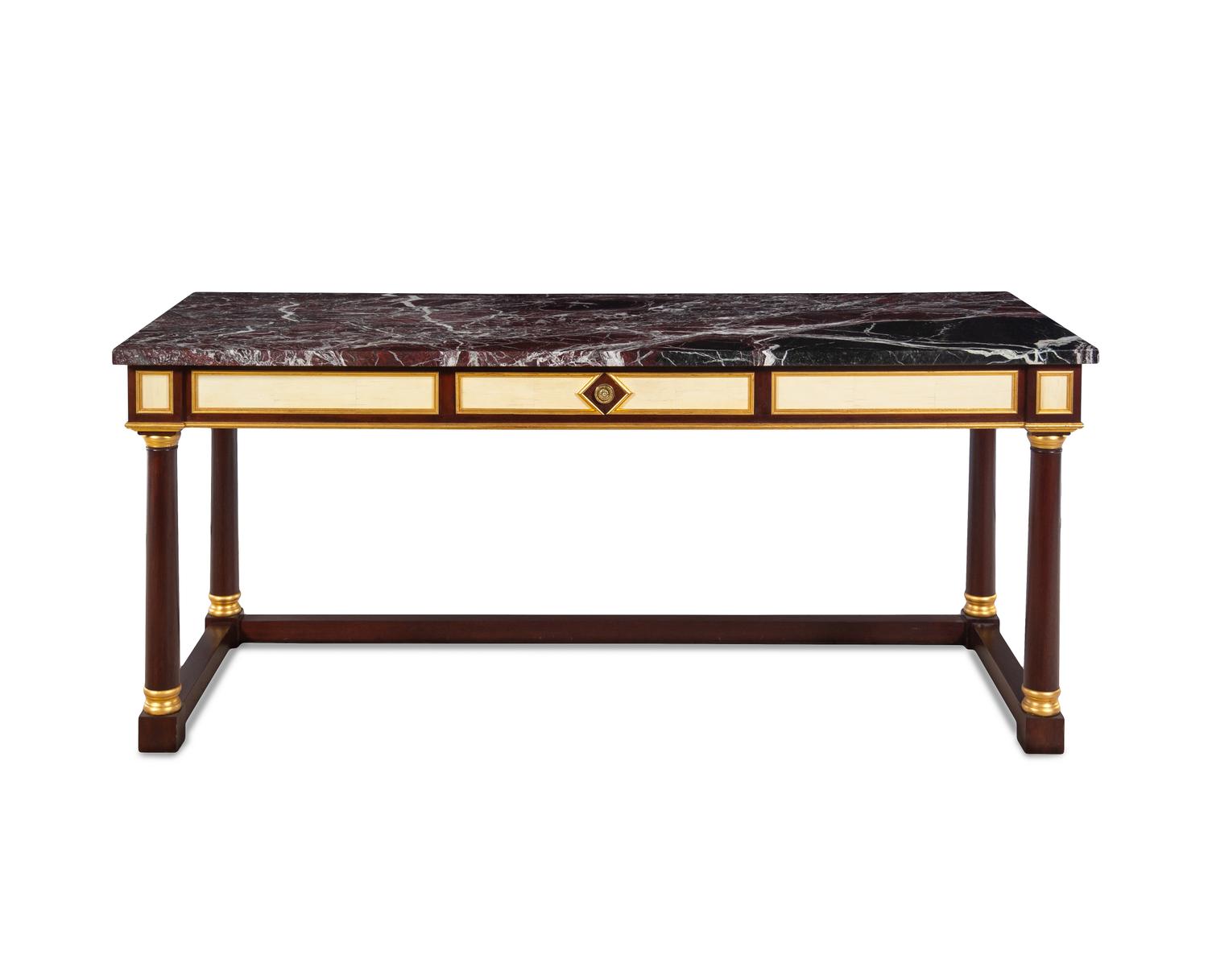 A Neoclassical Style Parcel Gilt Mahogany Marble-Top Library Table