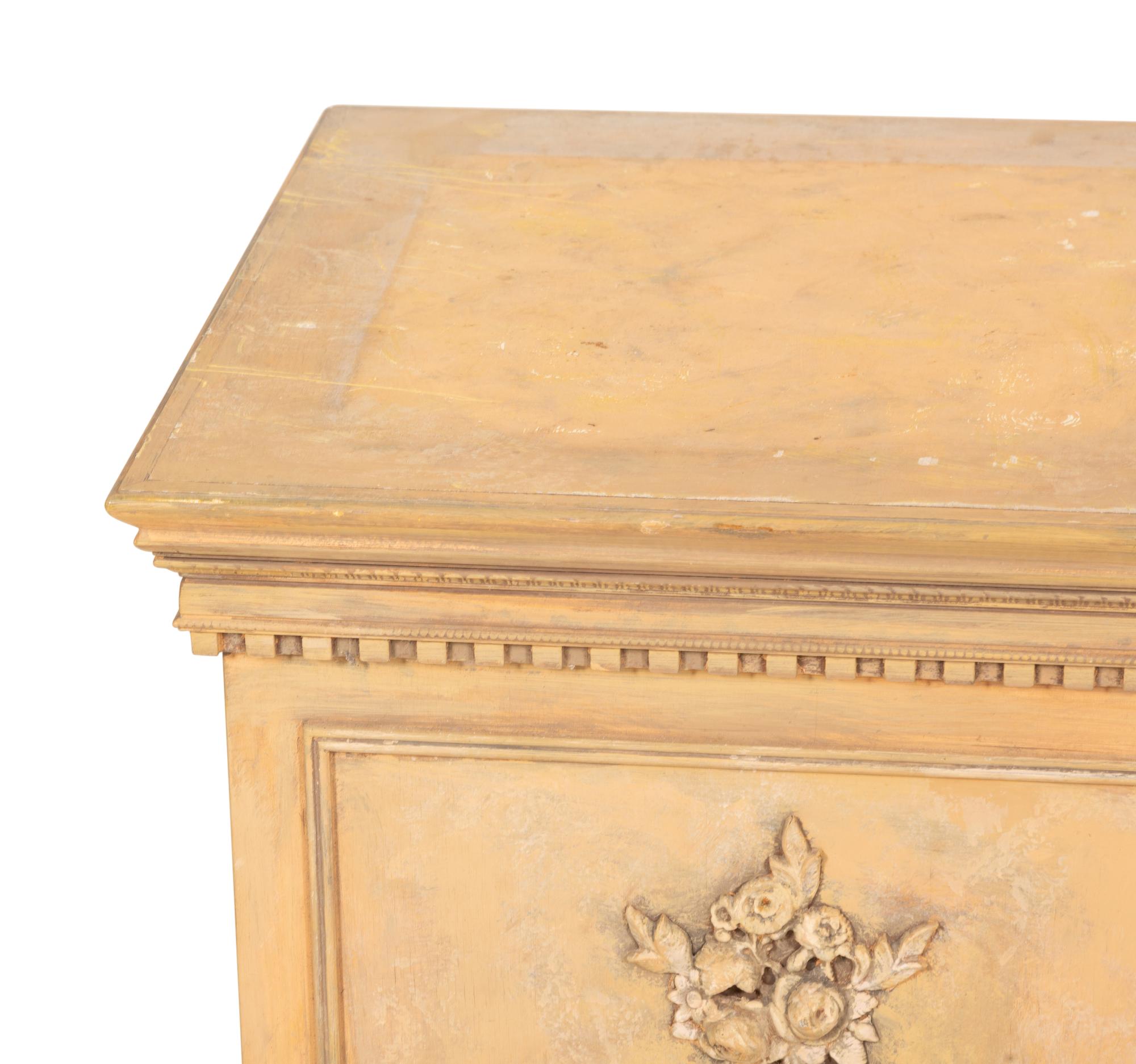 A Pair of Cast Terra Cotta Covered Garden Urns on Painted Wood Pedestals