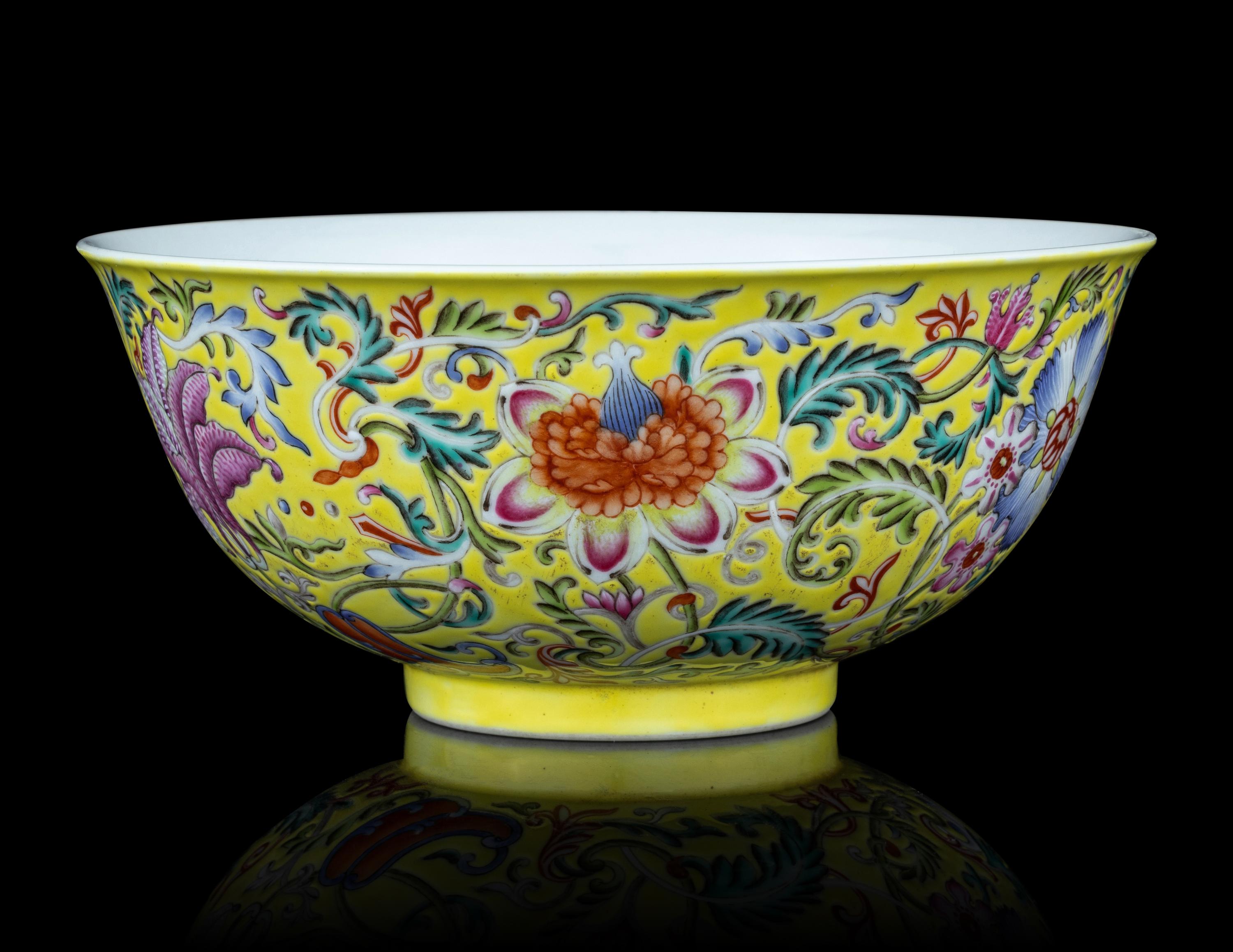A Yellow-Ground Famille Rose Porcelain 'Floral' Bowl