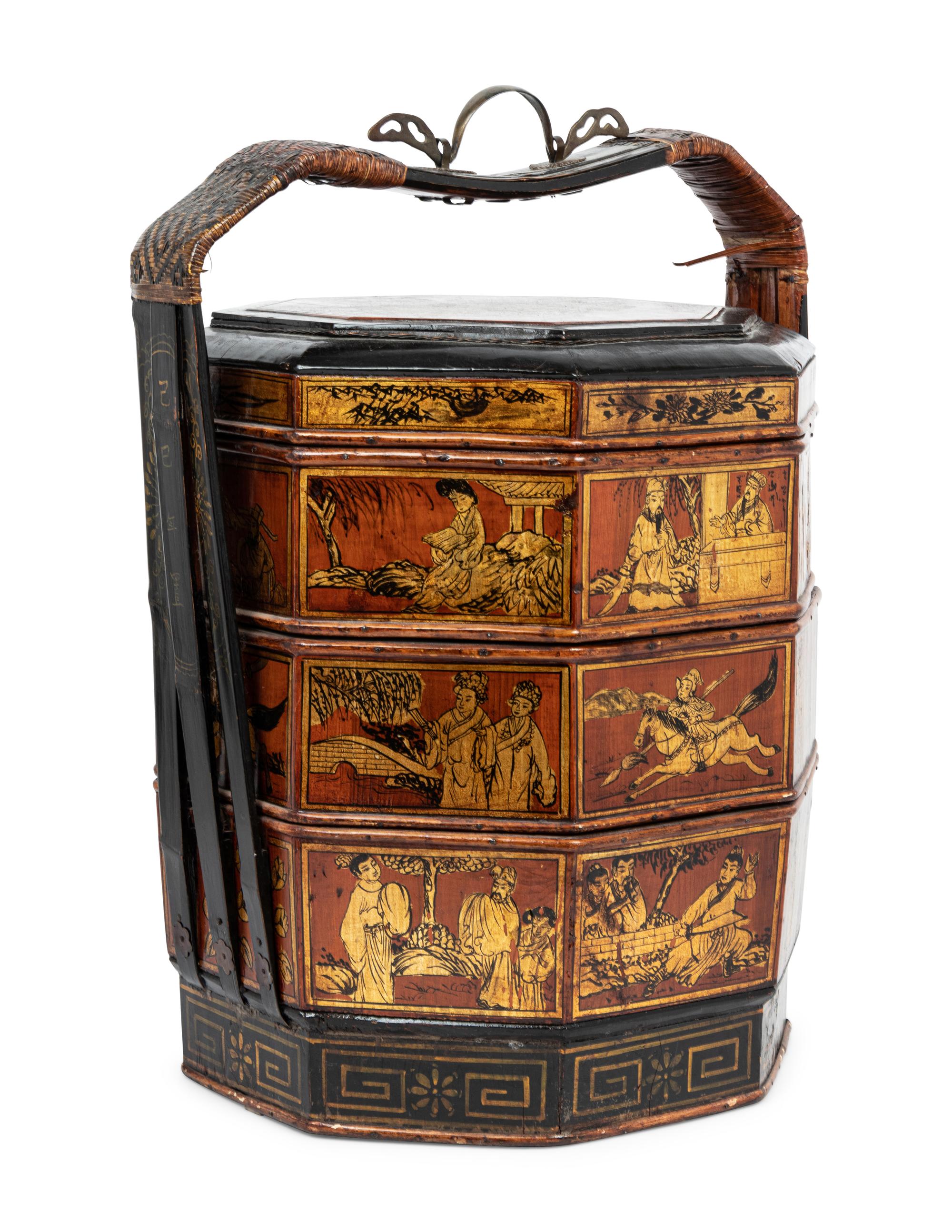 A Chinese Gilt and Lacquer Tiered Basket