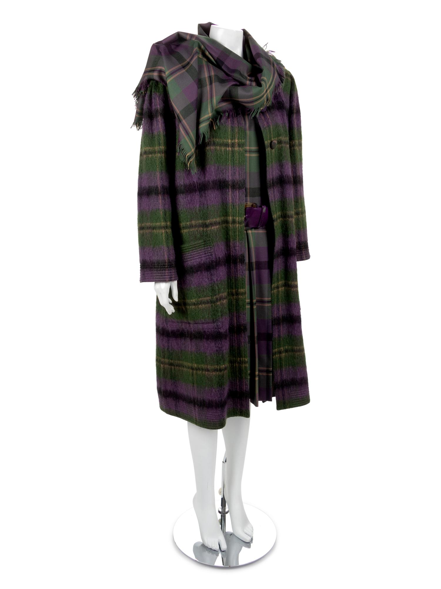 Adele Simpson Purple Tartan Wool Coat, Dress, Belt, Scarf, 1980s