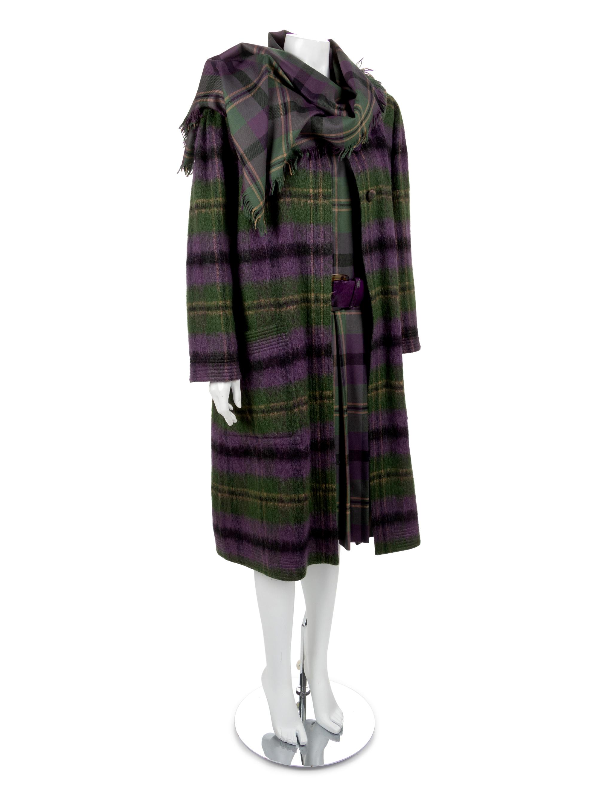 Adele Simpson Purple Tartan Wool Coat, Dress, Belt, Scarf, 1980s