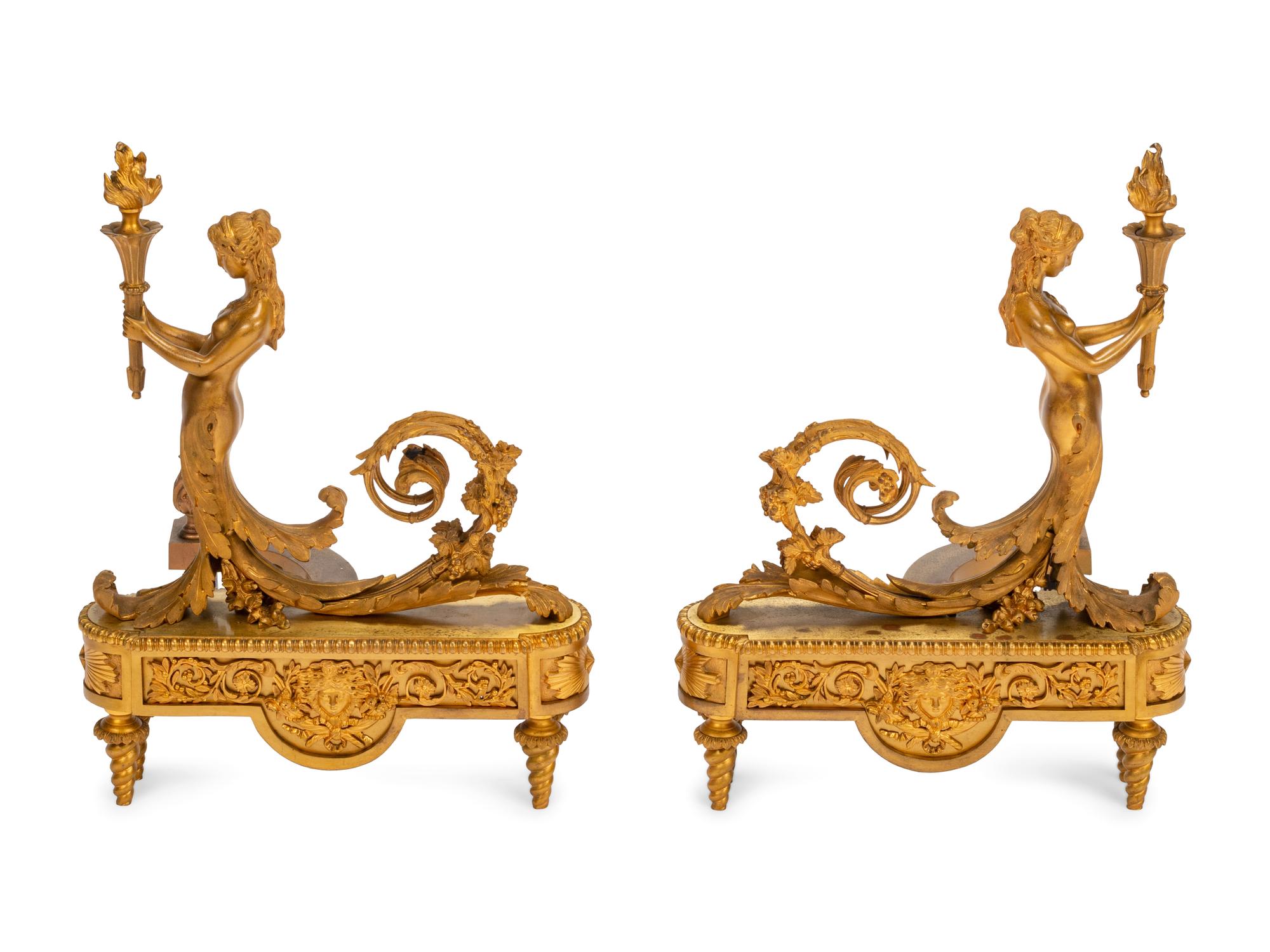 A Pair of Louis XVI Style Gilt Bronze Chenets