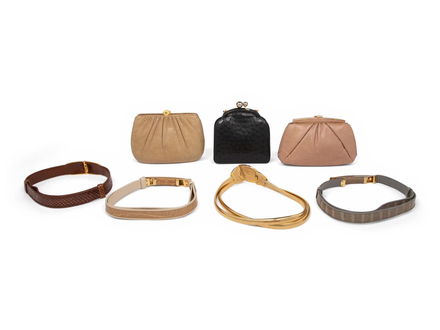 Seven Judith Leiber Items: Three Exotic Skin Bags, Four Belts, 1980-90s