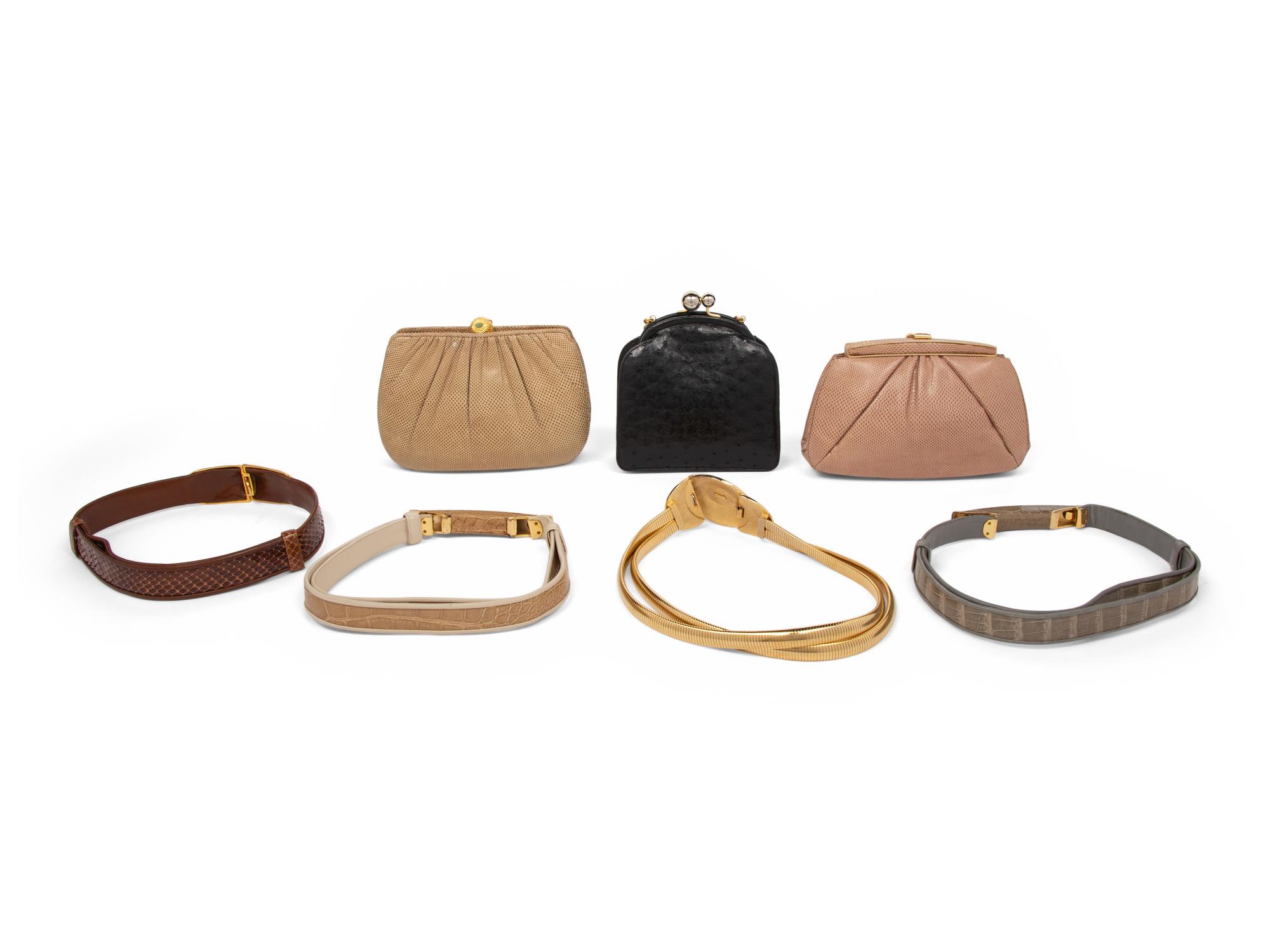 Seven Judith Leiber Items: Three Exotic Skin Bags, Four Belts, 1980-90s