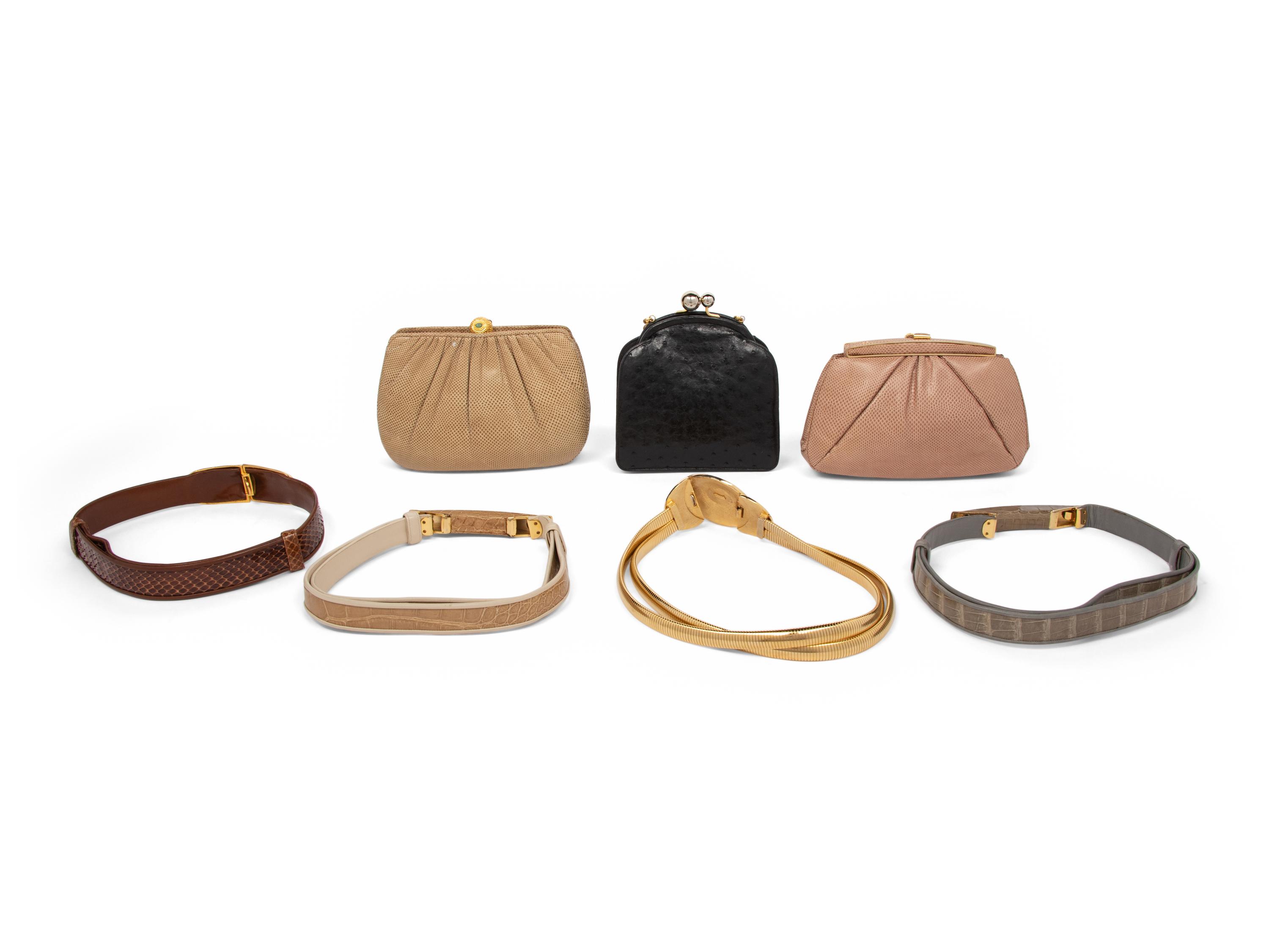 Seven Judith Leiber Items: Three Exotic Skin Bags, Four Belts, 1980-90s