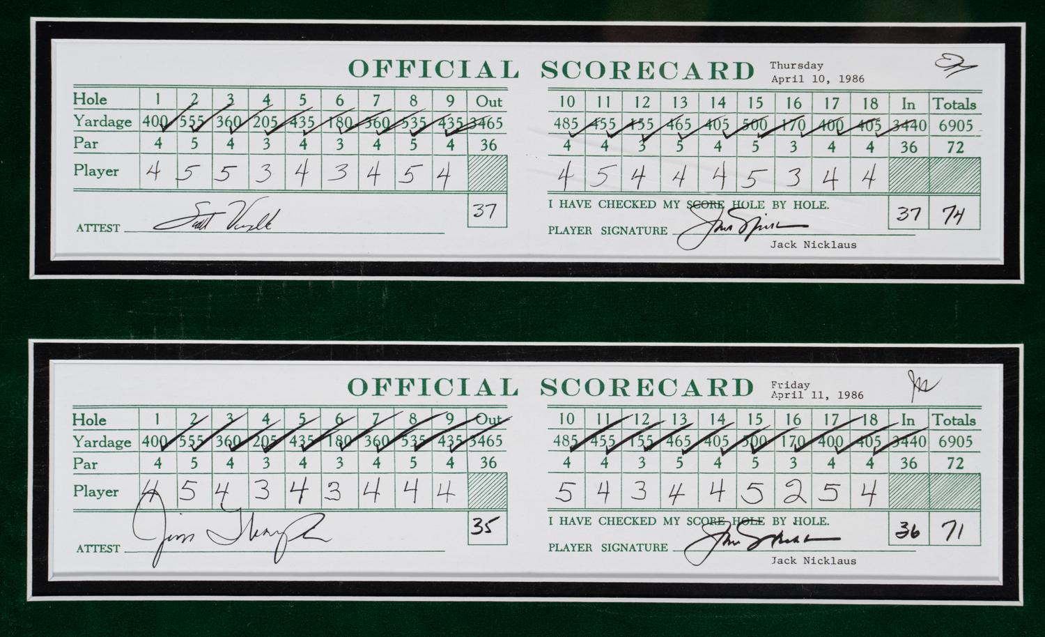 A Jack Nicklaus 1986 Masters Scorecard Signed Autograph Large Format Display,