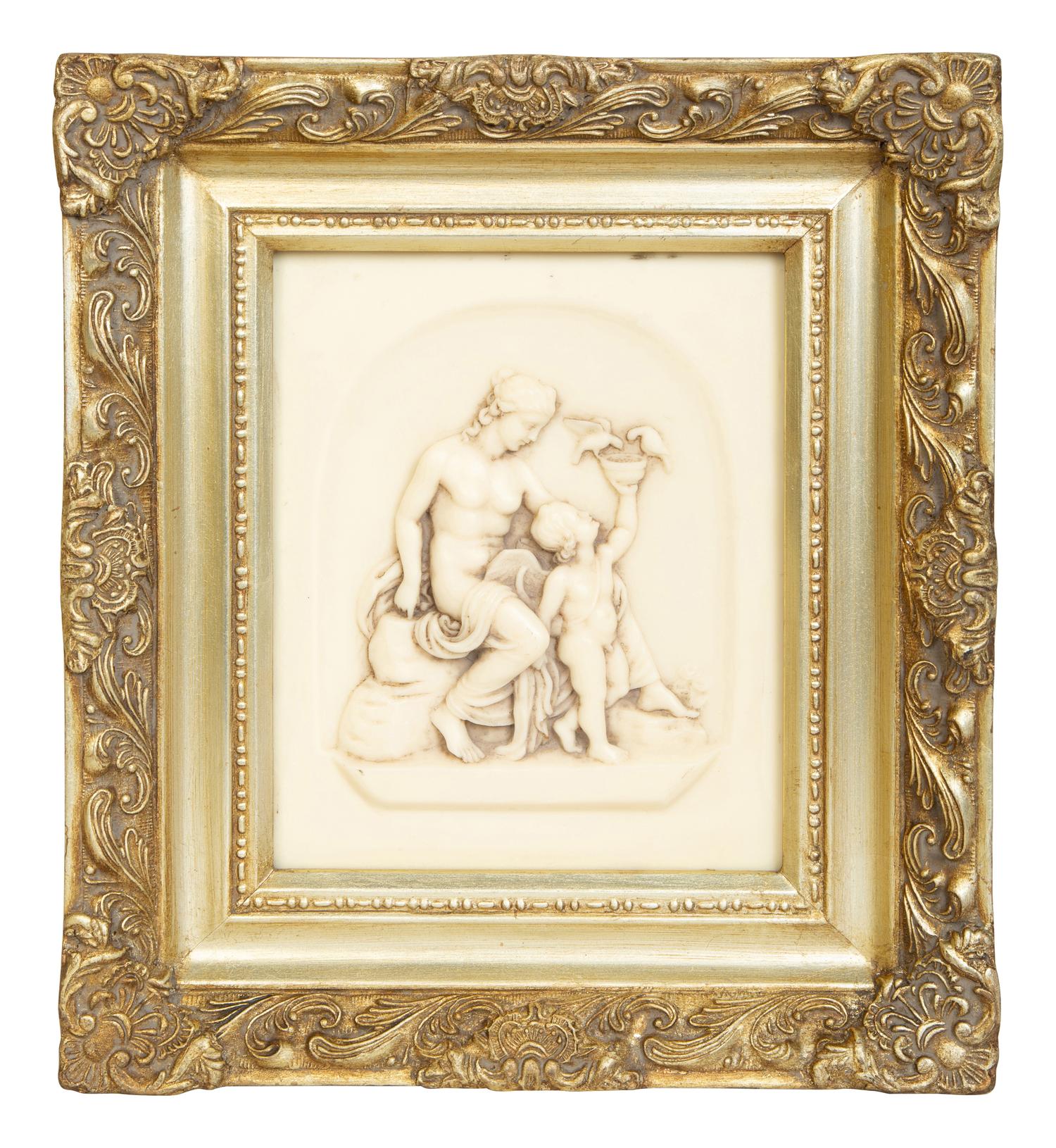 Four Faux Marble Resin Bas Relief Panels of Putti and Classical Figures