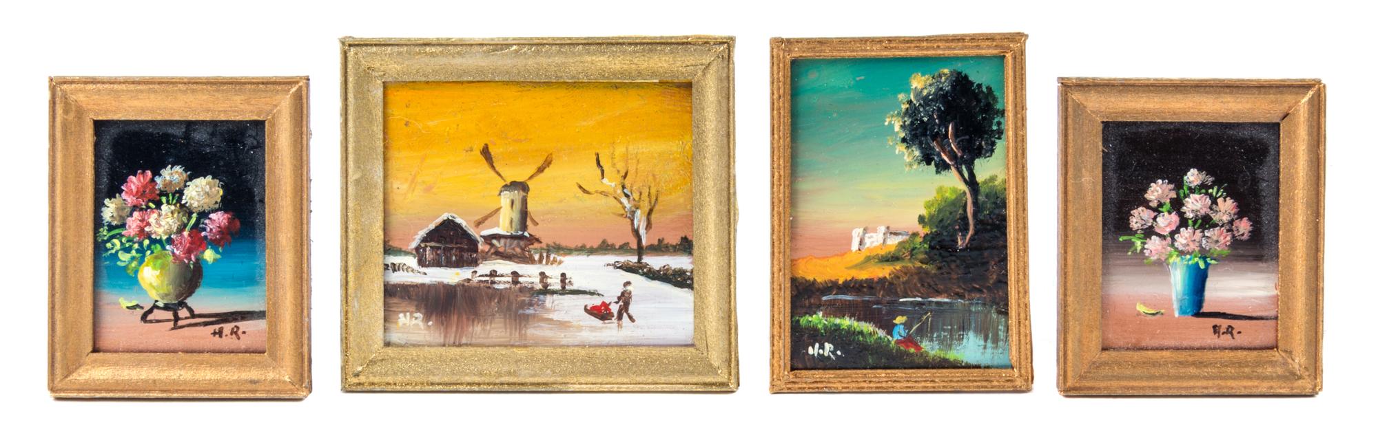 Artist Unknown, (20th Century), Winter Landscape with Windmill, River Scene with Fisherman, and two Still Life with Flowers (four works