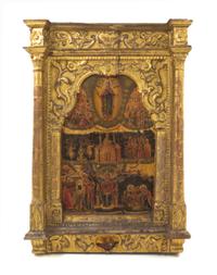 A Greek Painted and Parcel Gilt Icon, Height 26 x width 18 1/4 inches.
