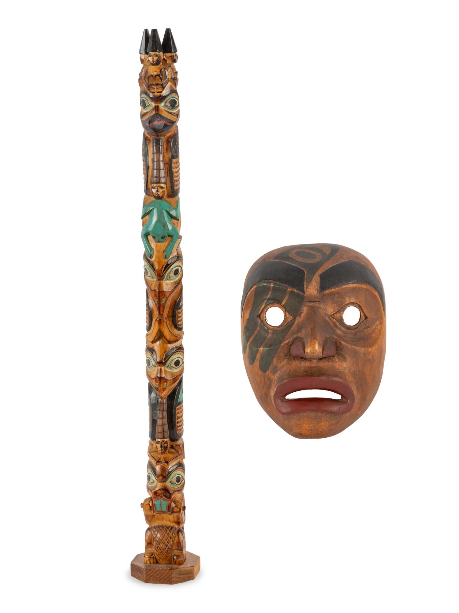 Northwest Coast Carved Model Totem Pole and Mask