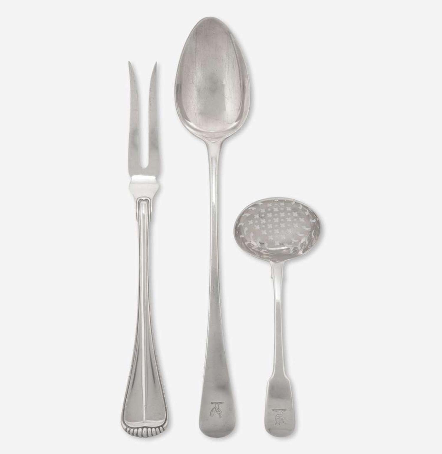 Three assorted pieces of George III and other sterling silver tablewares Various makers, London, England and Milan, Italy, dates ranging 1800 - 20th century