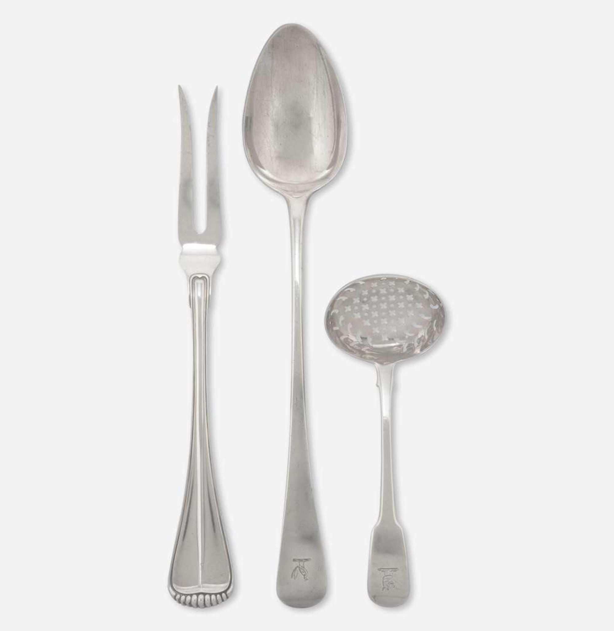 Three assorted pieces of George III and other sterling silver tablewares Various makers, London, England and Milan, Italy, dates ranging 1800 - 20th century