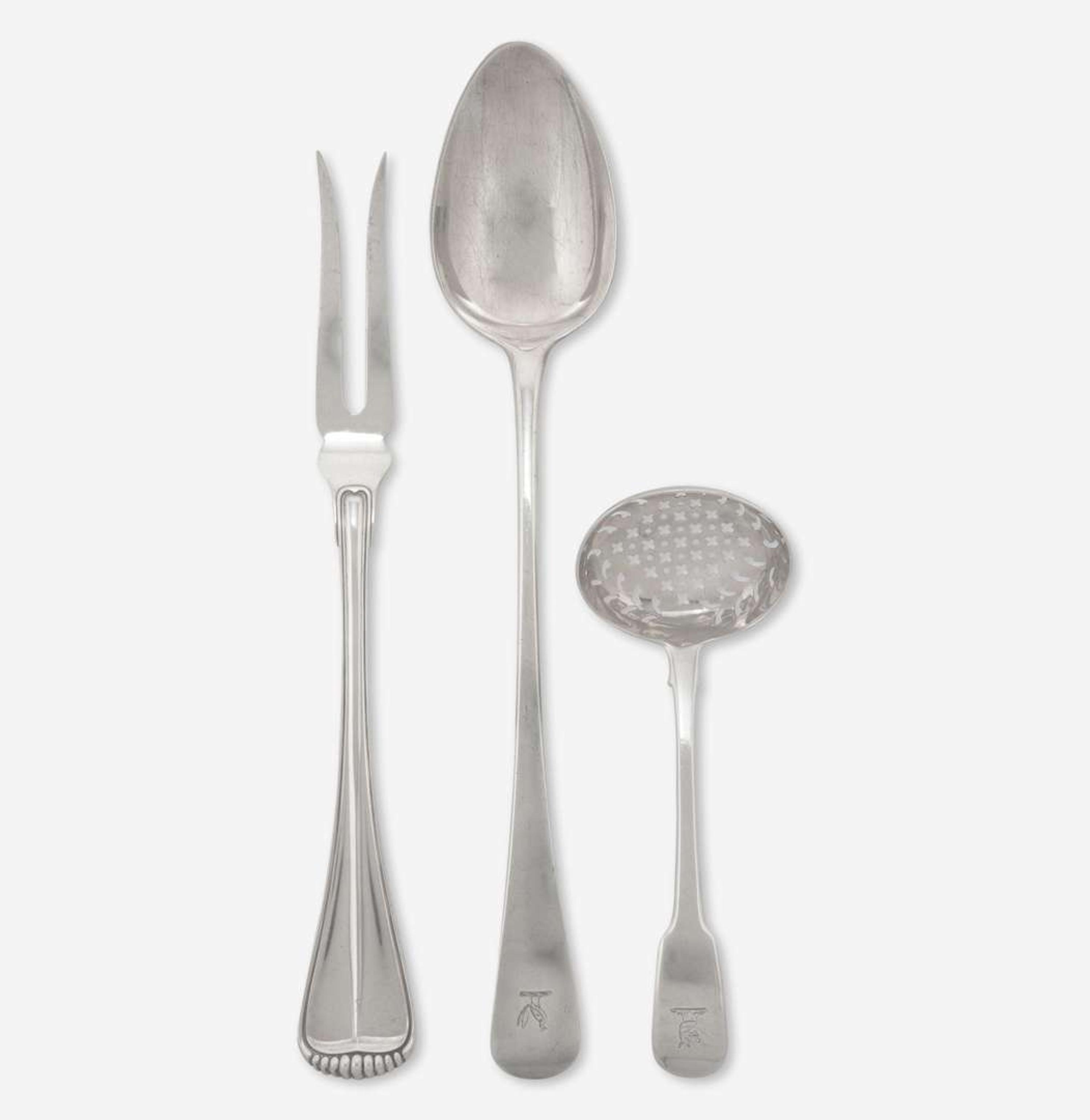 Three assorted pieces of George III and other sterling silver tablewares Various makers, London, England and Milan, Italy, dates ranging 1800 - 20th century