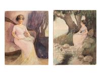 Portrait of a Lady in an Interior and Young Woman Reading by the Shore (two works)