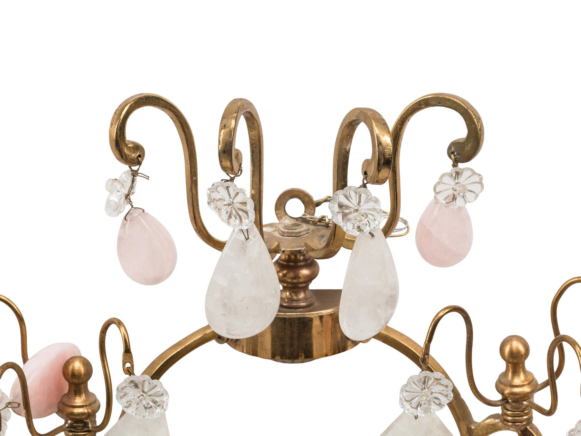 A Pair of Louis XV Style Gilt Bronze, Rock Crystal and Rose Quartz Four-Light Sconces