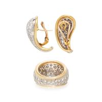 PAVÉ DIAMOND AND BICOLOR GOLD RING AND EARRINGS
