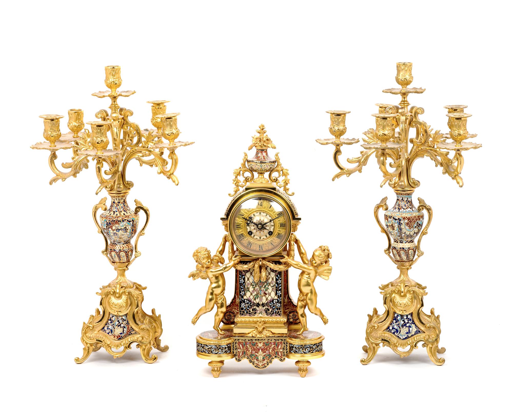 A French Gilt Bronze and Champlevé Clock Garniture Retailed by Tiffany and Co.