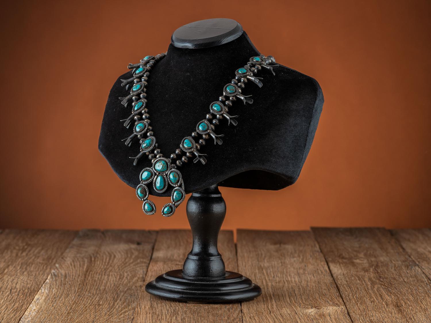Navajo Silver and Blue Gem Turquoise Squash Blossom Necklace
