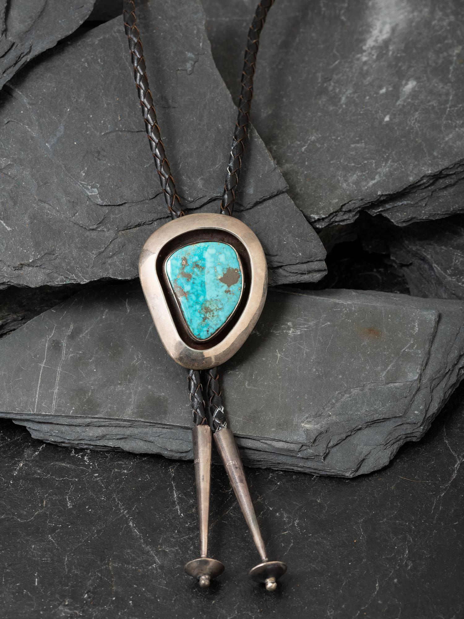 Silver and Morenci Turquoise Shadow Box Bolo Tie