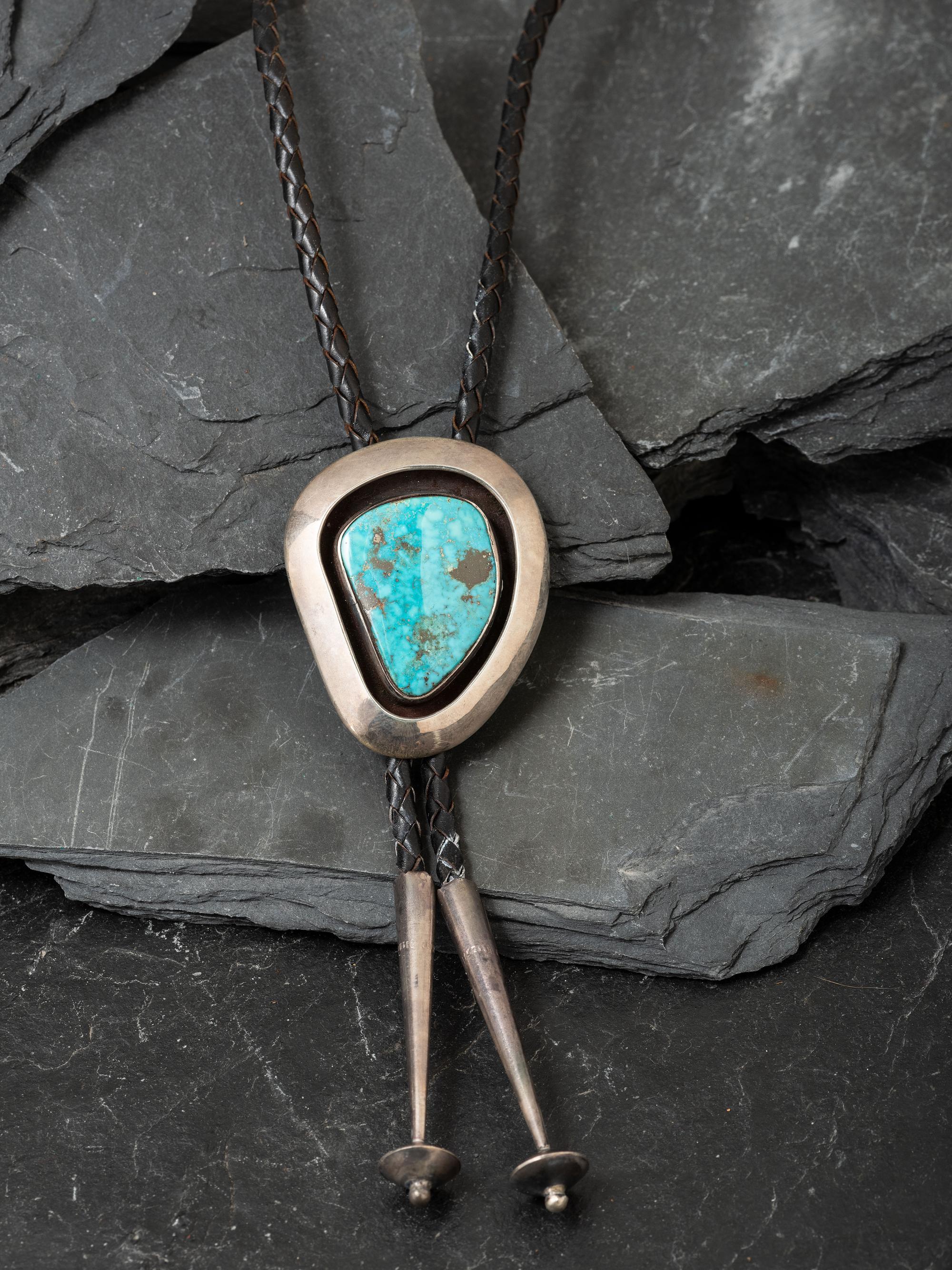Silver and Morenci Turquoise Shadow Box Bolo Tie