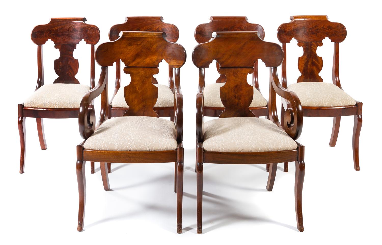 A Set of Six American Empire Style Mahogany Dining Chairs Height 33 1/2 inches. — LATE 19TH/EARLY 20TH CENTURY