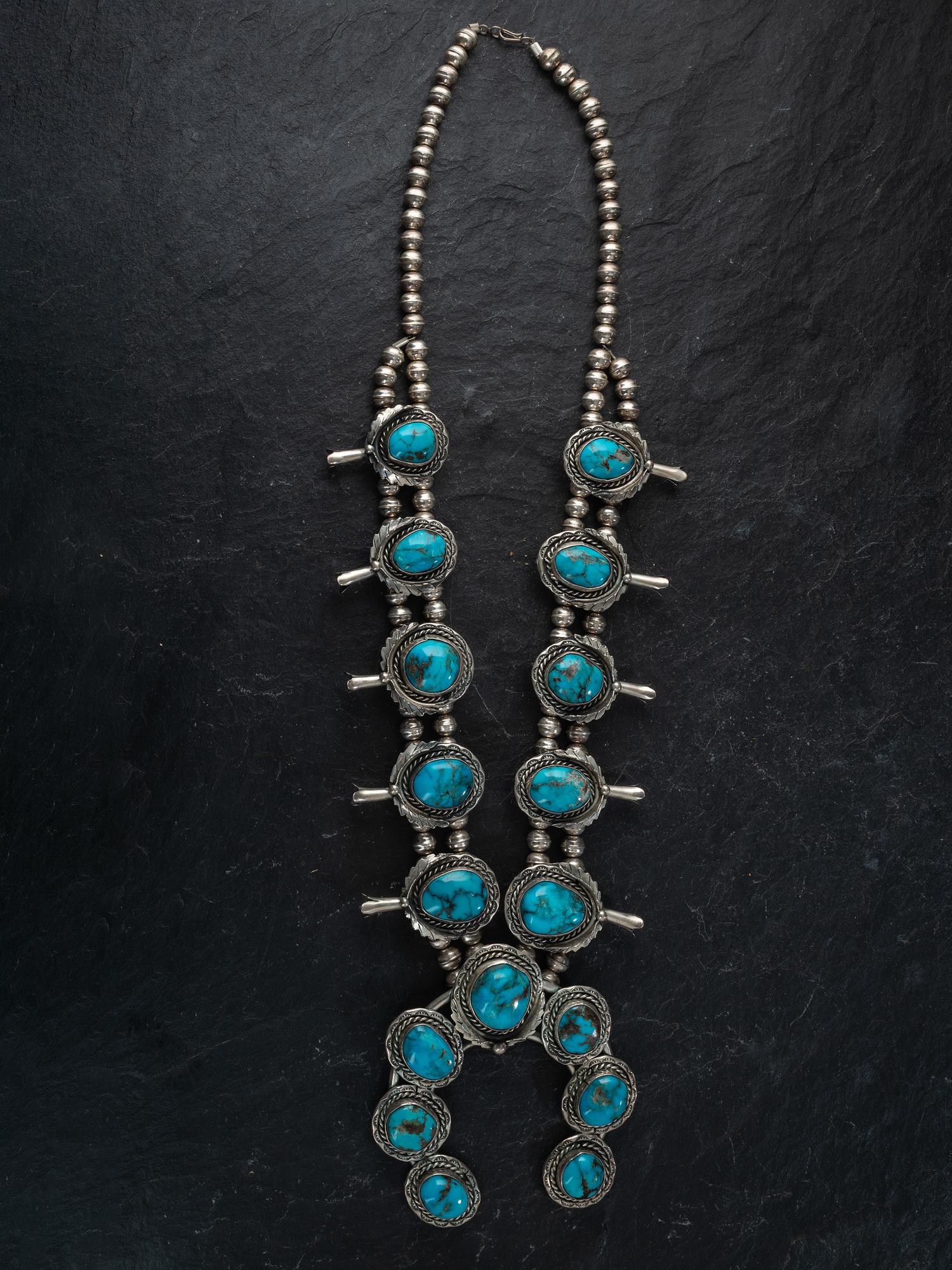 Navajo Silver and Turquoise Squash Blossom Necklace