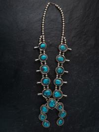 Navajo Silver and Turquoise Squash Blossom Necklace