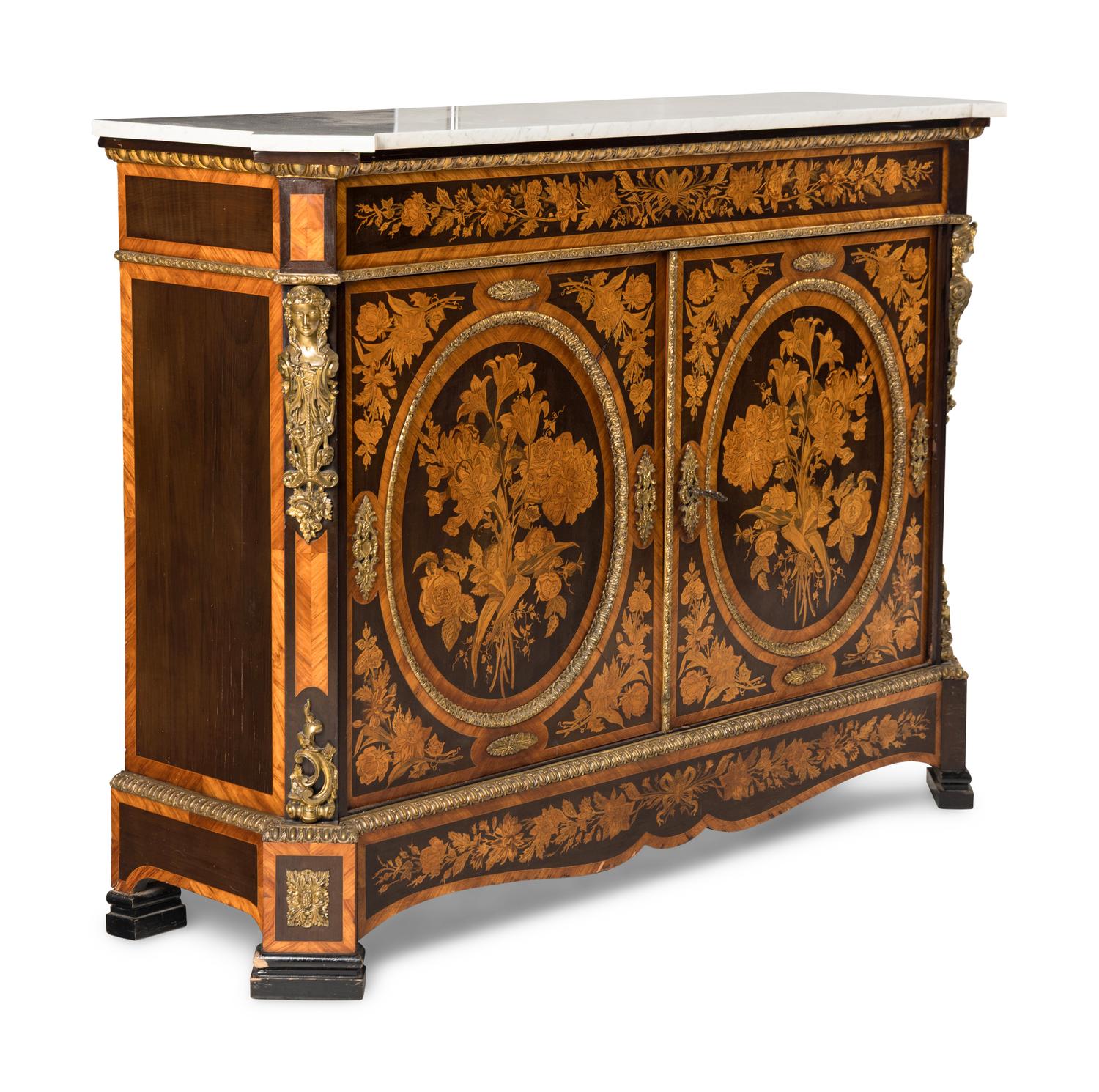 A Napoleon III Gilt Bronze Mounted Marquetry Marble-Top Meuble d'Appui