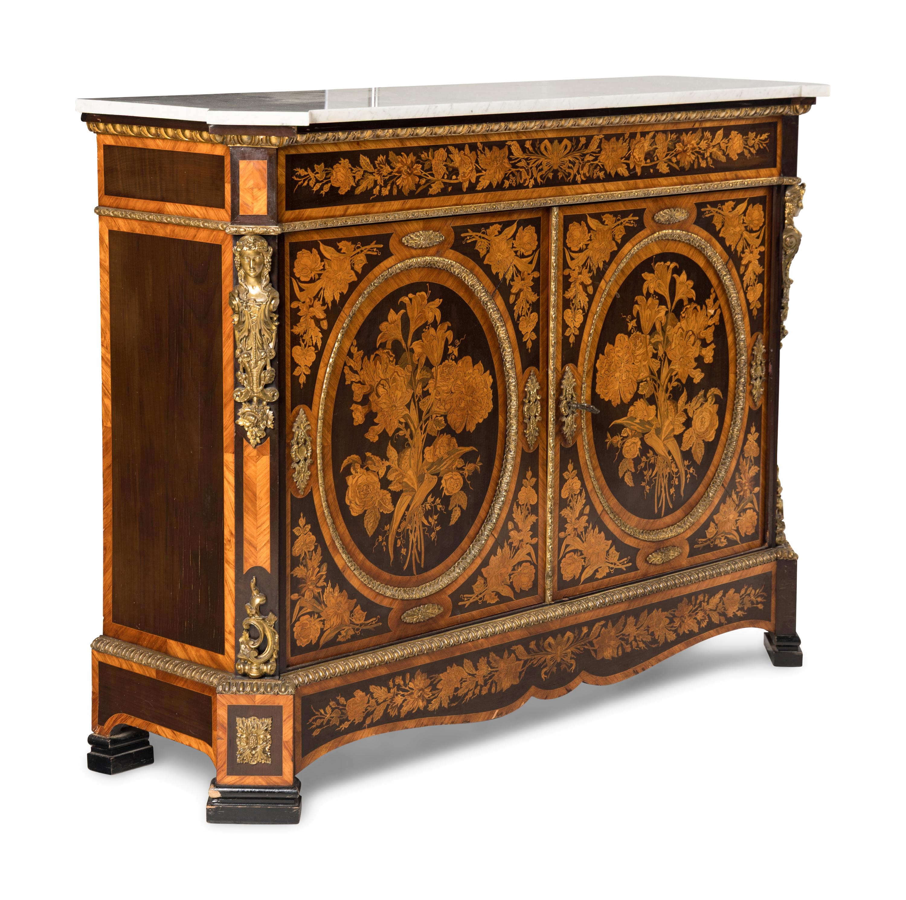 A Napoleon III Gilt Bronze Mounted Marquetry Marble-Top Meuble d'Appui