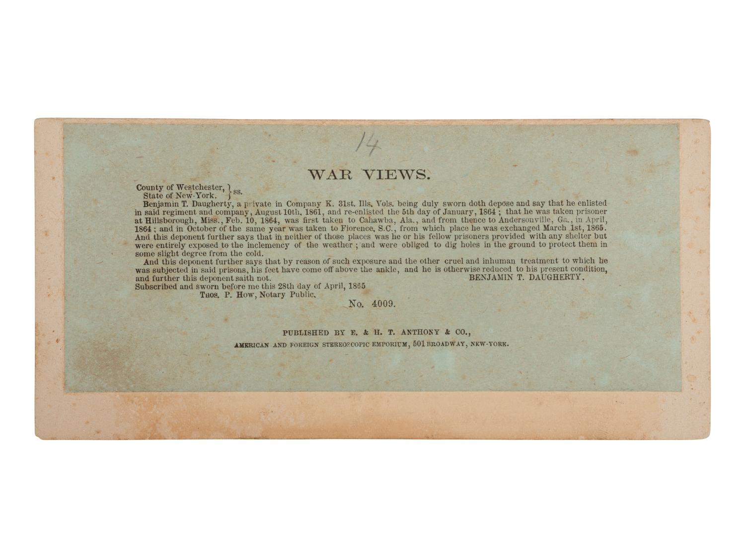 [CIVIL WAR]. Stereoview of Benjamin T. Daugherty, an Andersonville prisoner. New York: E. & H. T. Anthony & Co., 1865.
