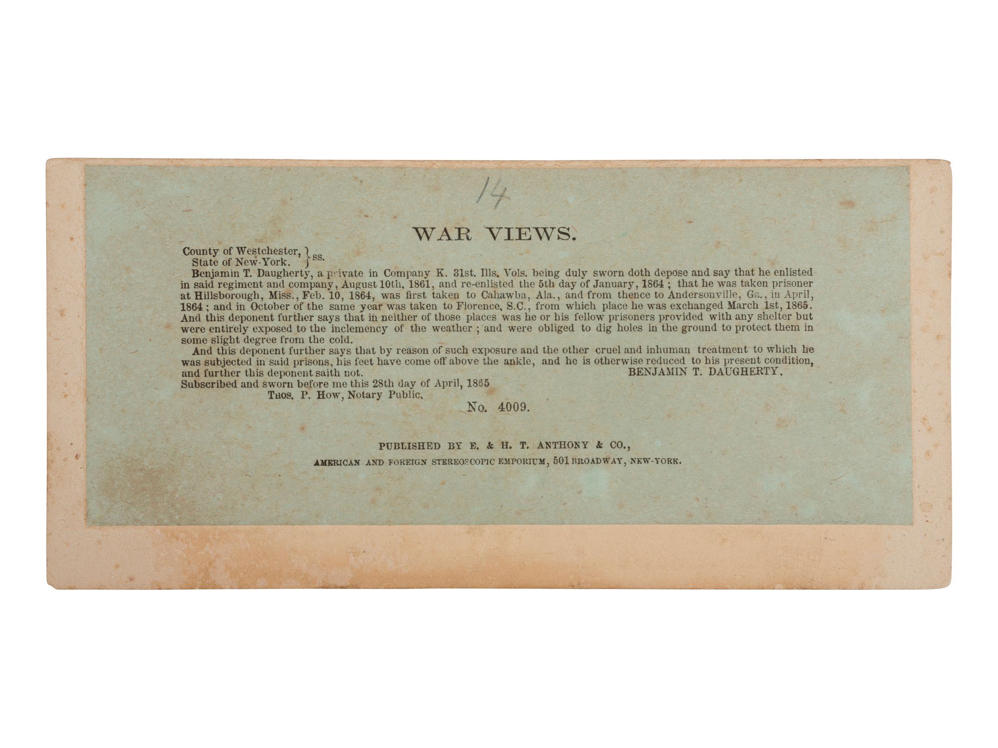 [CIVIL WAR]. Stereoview of Benjamin T. Daugherty, an Andersonville prisoner. New York: E. & H. T. Anthony & Co., 1865.