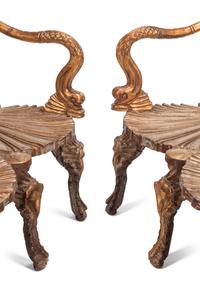 A Pair of Italian Grotto Style Gilt and Silvered Wood Benches