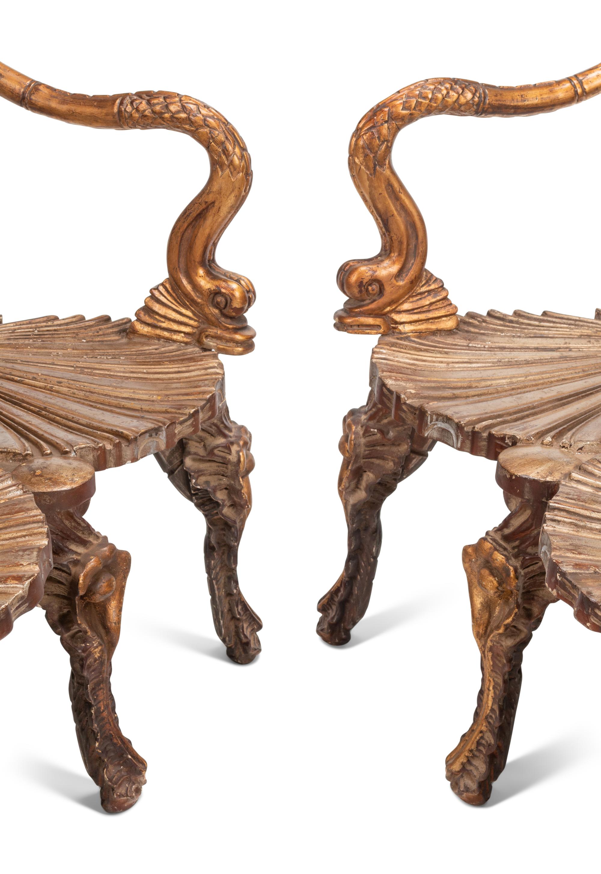 A Pair of Italian Grotto Style Gilt and Silvered Wood Benches