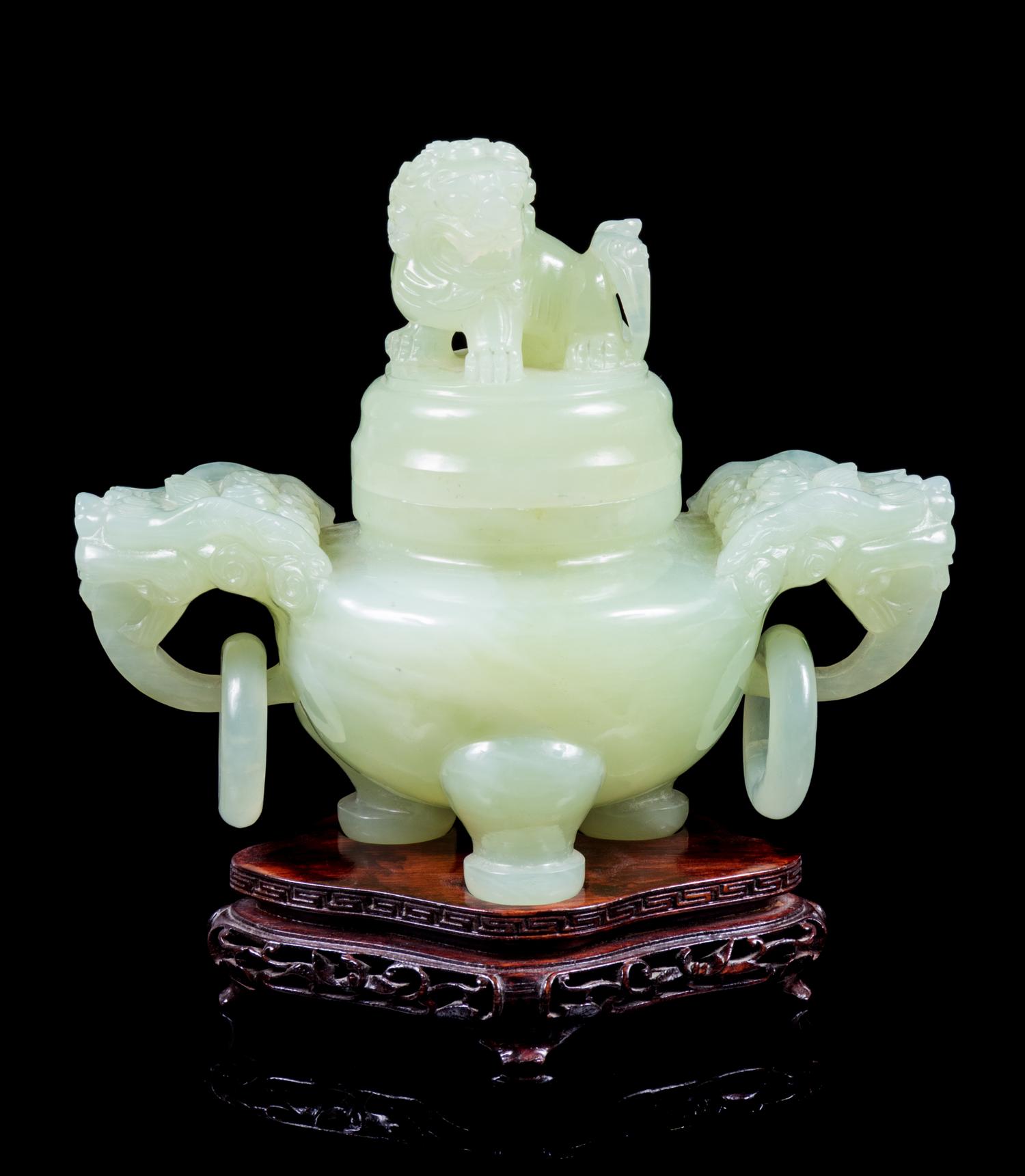 A Chinese Carved Serpentine Tripod Censer Height 6 1/4 inches. — 20TH CENTURY