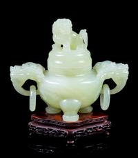A Chinese Carved Serpentine Tripod Censer Height 6 1/4 inches. — 20TH CENTURY