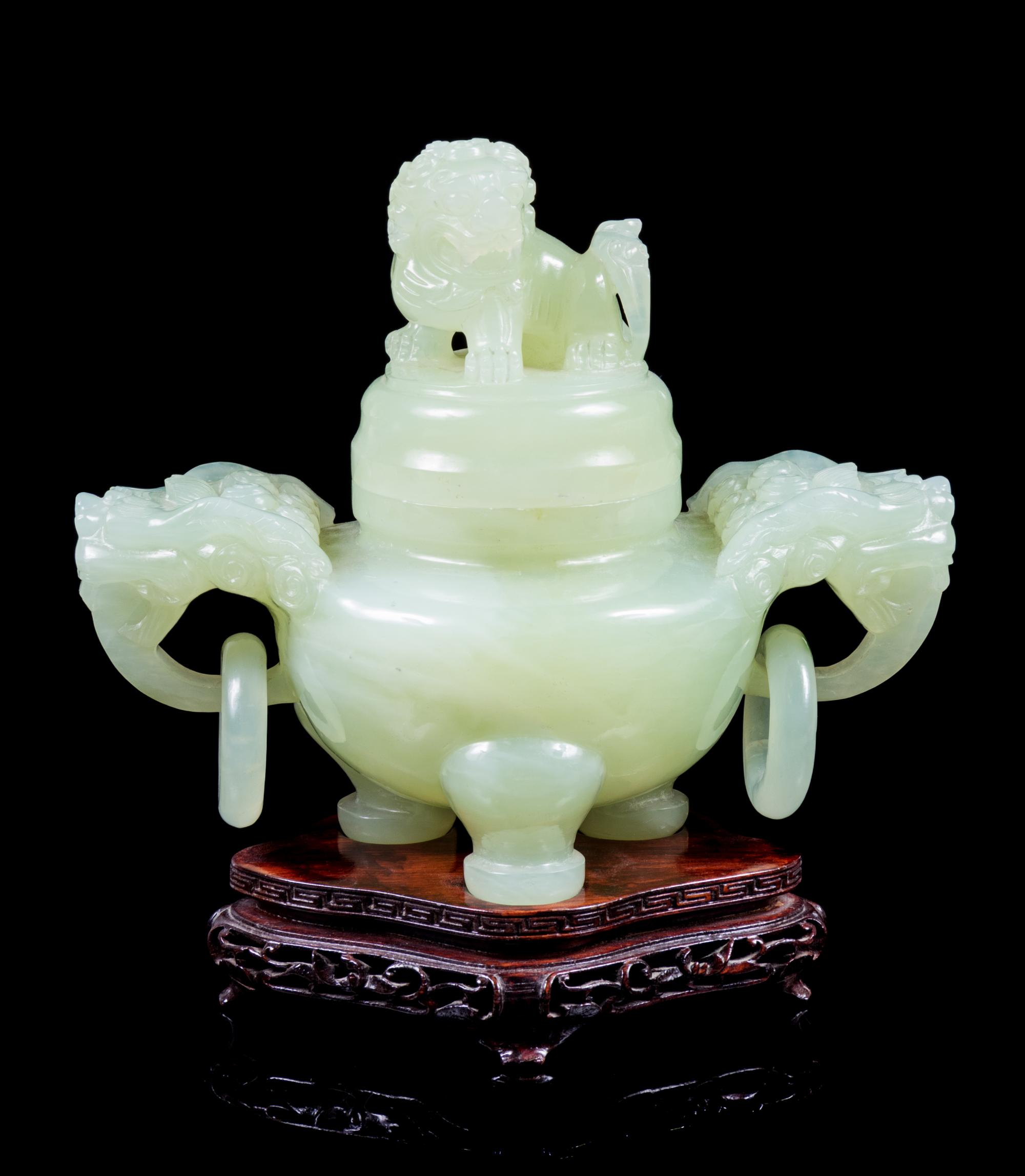A Chinese Carved Serpentine Tripod Censer Height 6 1/4 inches. — 20TH CENTURY