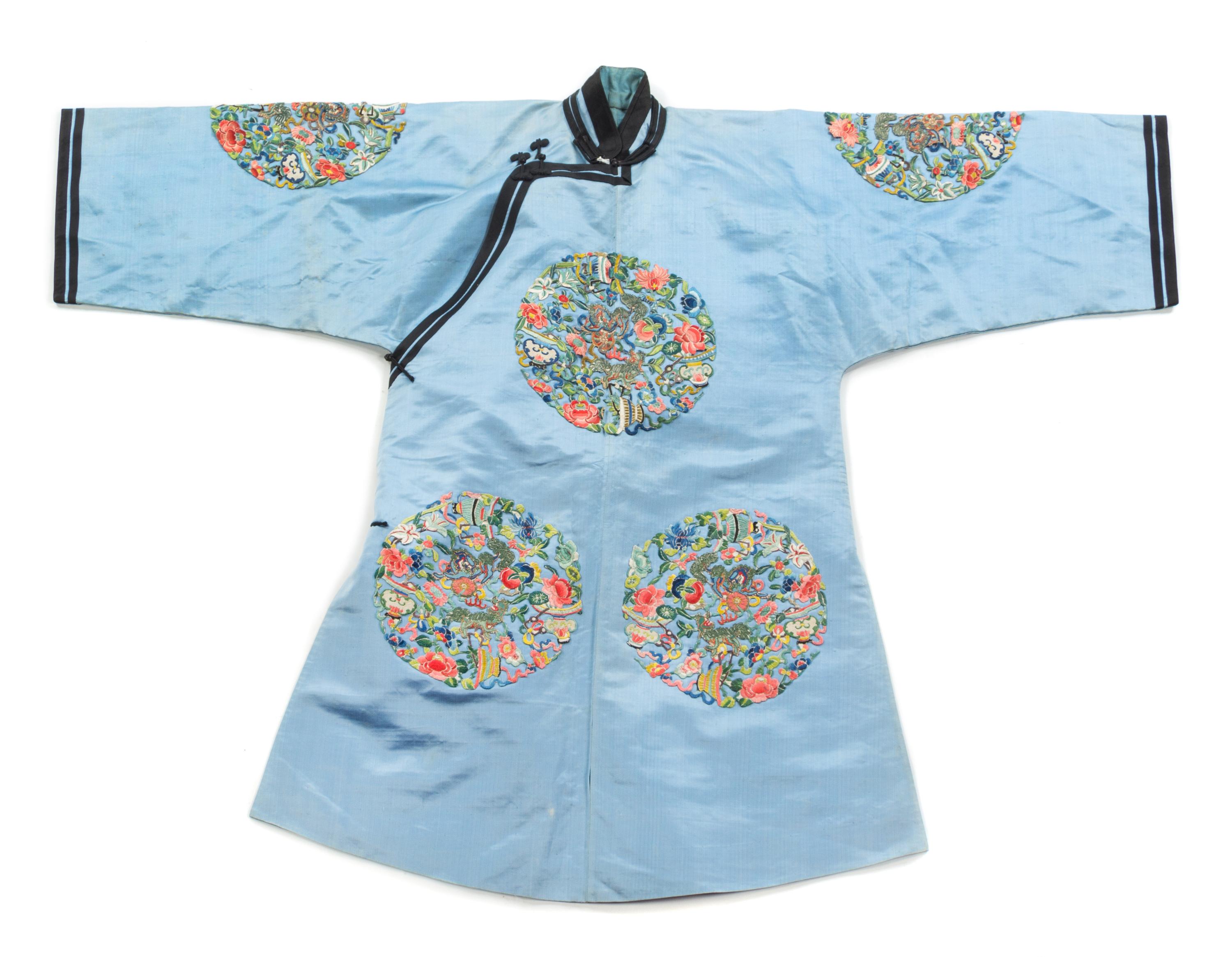 A Han Style Silk and Peacock Feather Embroidered Lady's Robe LATE QING DYNASTY Length 39 1/2 inches. — LATE QING DYNASTY