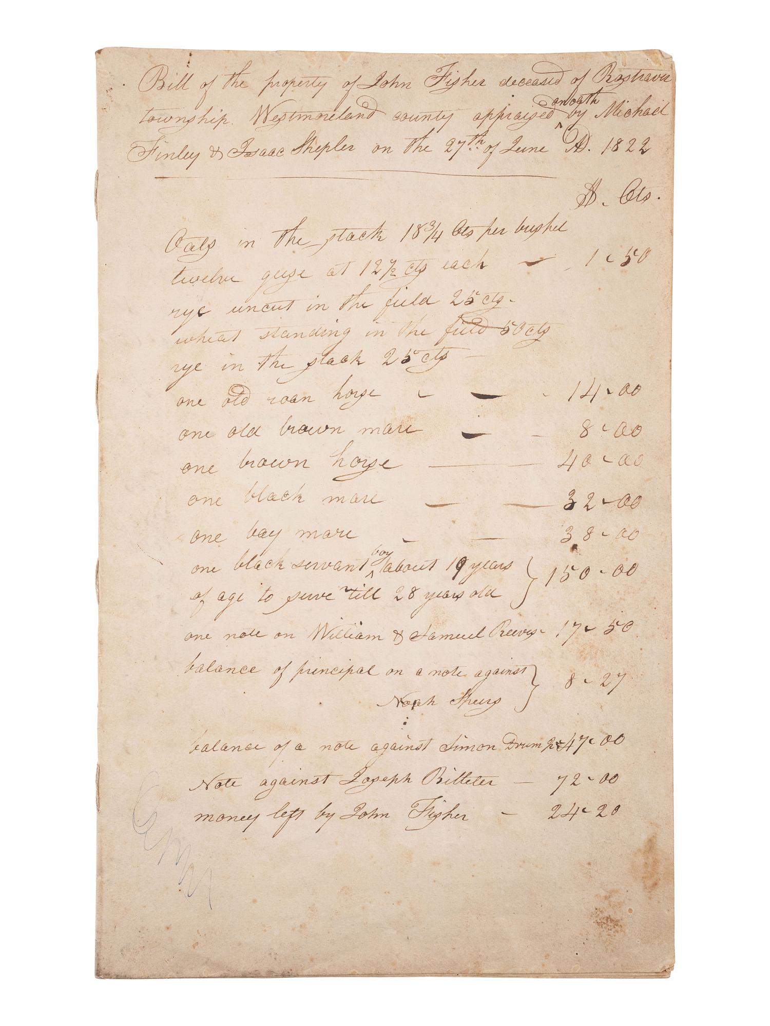 [AFRICAN AMERICANA]. Bill of property listing "one black servant boy about 19 years."