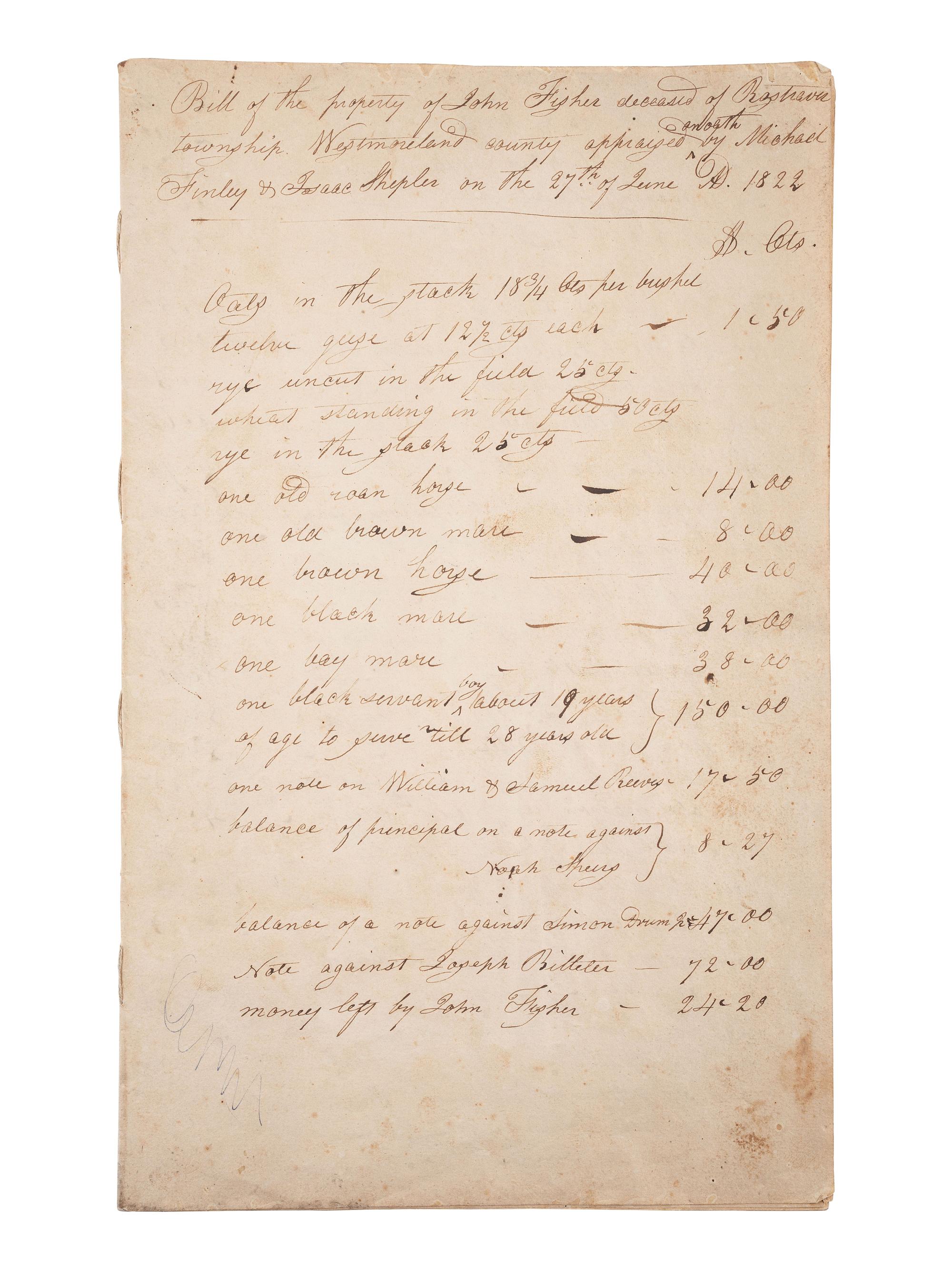 [AFRICAN AMERICANA]. Bill of property listing "one black servant boy about 19 years."