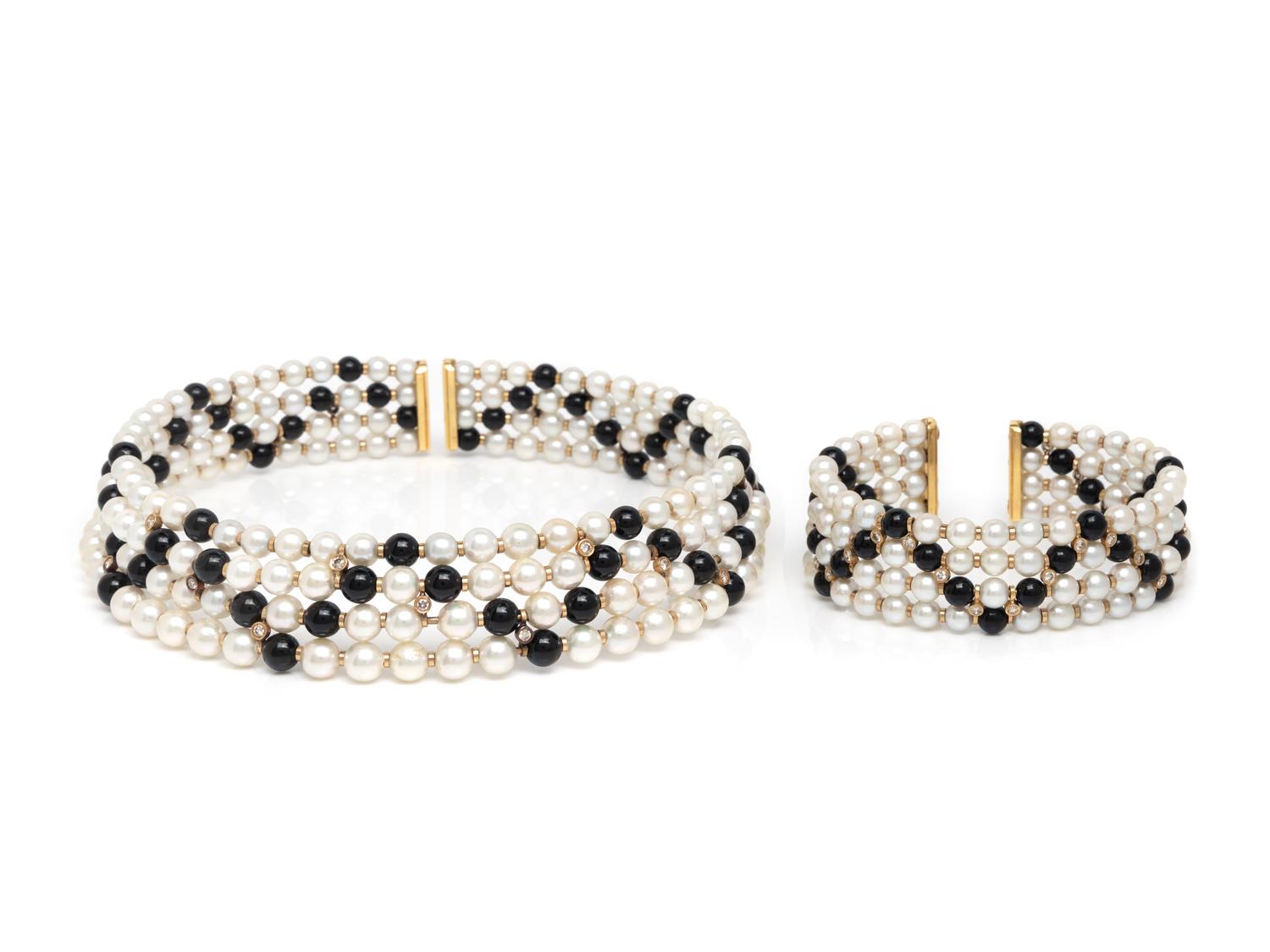CULTURED PEARL, DIAMOND, AND ONYX NECKLACE AND CUFF BRACELET