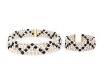 CULTURED PEARL, DIAMOND, AND ONYX NECKLACE AND CUFF BRACELET