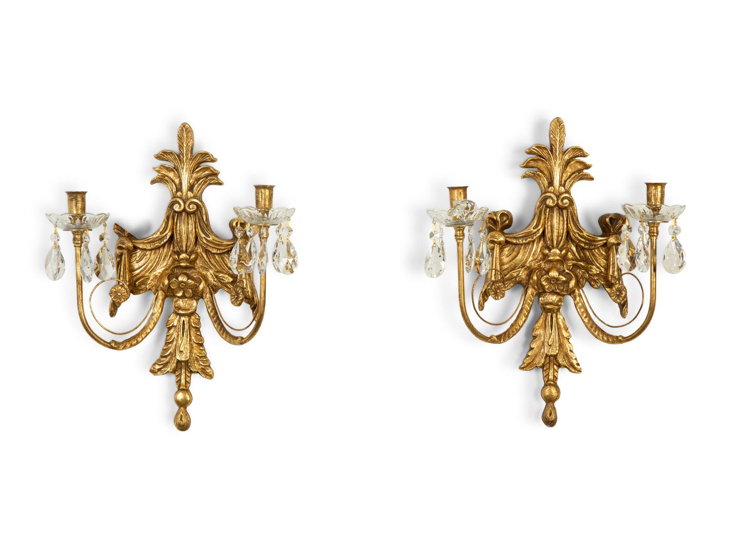 A Pair of Louis XVI Style Giltwood Two-Light Sconces — 20th Century