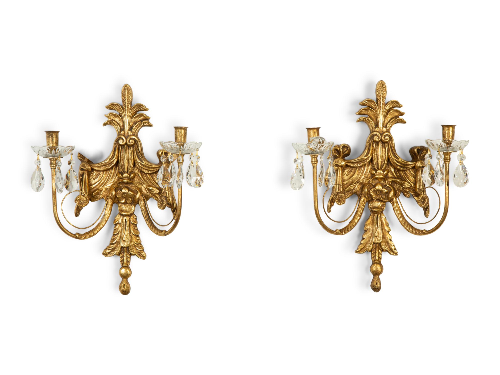 A Pair of Louis XVI Style Giltwood Two-Light Sconces — 20th Century