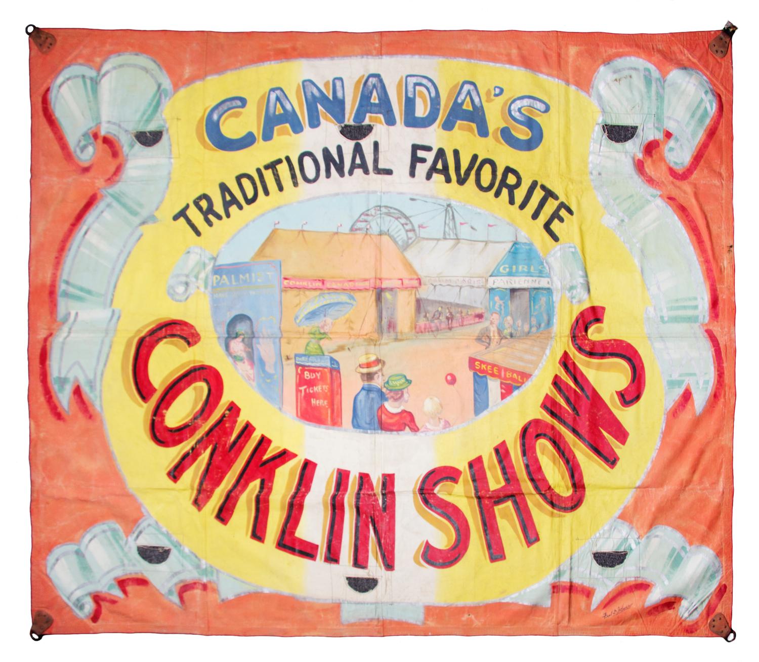 (CIRCUS) JOHNSON, FRED. Canada's Traditional Favorite Conklin Shows, c. 1950. Circus banner, paint on canvas. Signed by Johnson.