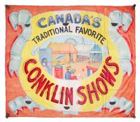 (CIRCUS) JOHNSON, FRED. Canada's Traditional Favorite Conklin Shows, c. 1950. Circus banner, paint on canvas. Signed by Johnson.