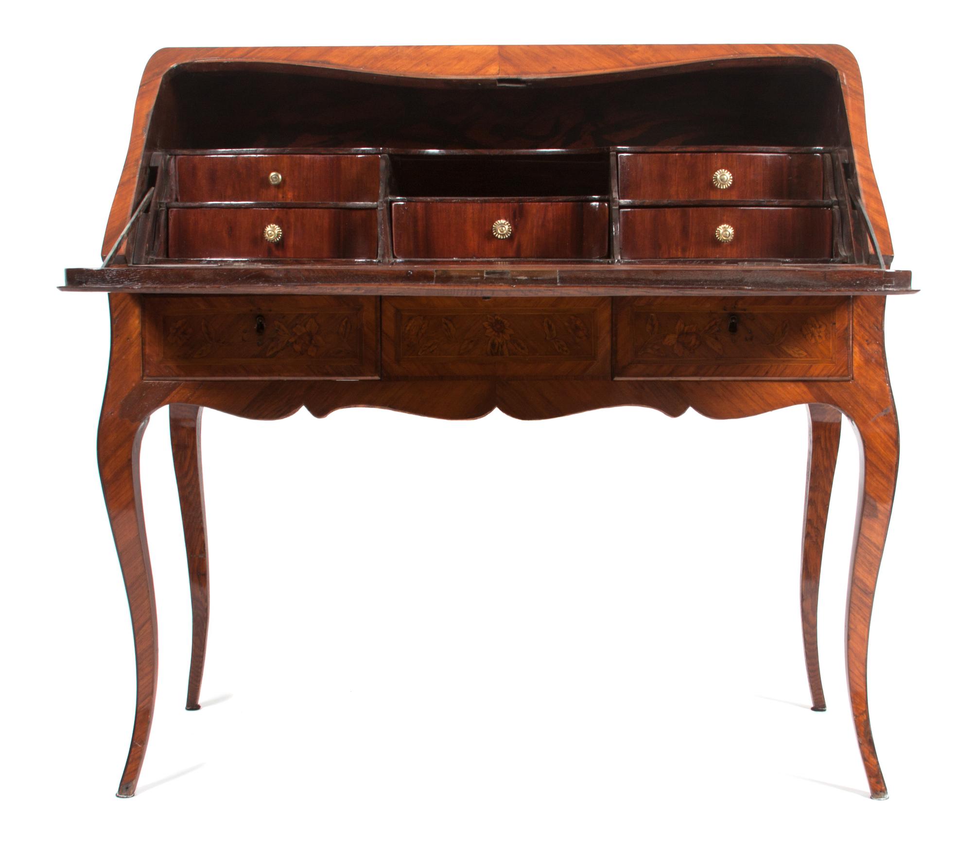 A Louis XV Style Marquetry Writing Desk Height 37 1/2 x width 38 1/4 x depth 21 inches. — LATE 18TH/EARLY 19TH CENTURY