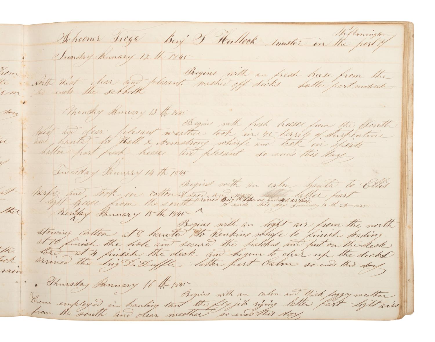 [MARITIME]. Log book of the schooner Tioga , documenting multiple voyages, 1844-45.