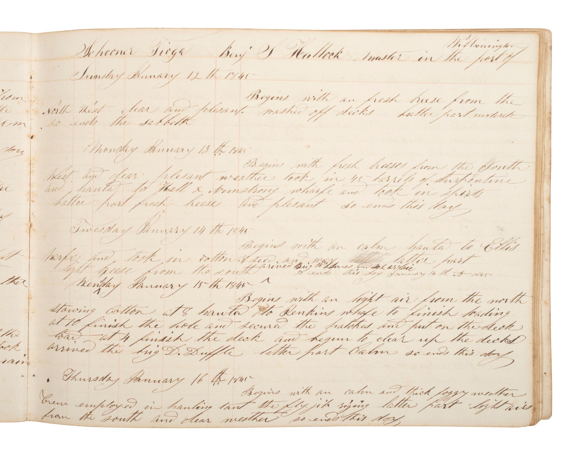 [MARITIME]. Log book of the schooner Tioga , documenting multiple voyages, 1844-45.